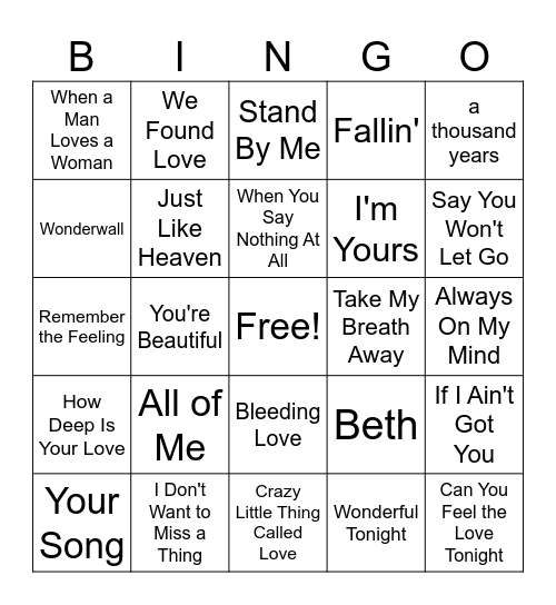 Love At First Song Bingo Card