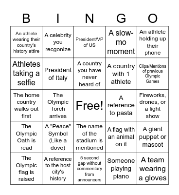 Olympic Opening Ceremony Bingo Card