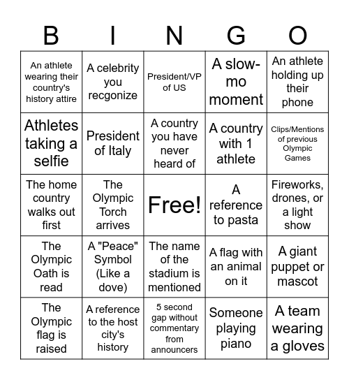 Olympic Opening Ceremony Bingo Card
