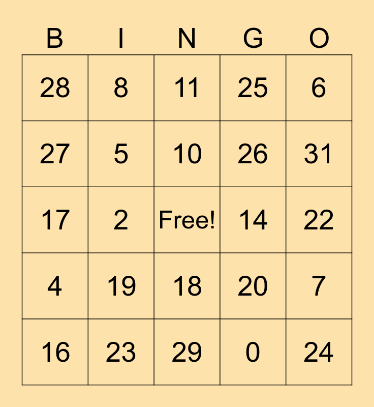 0-31 Bingo Card