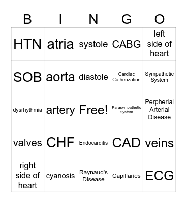 Med Term 2 Cardiac System Bingo Card