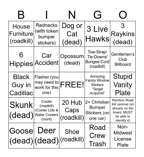 Road Kill  Bingo Card