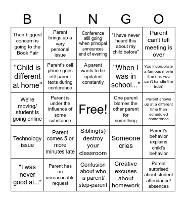 Parent/Teacher Bingo Card