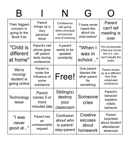 Parent/Teacher Bingo Card