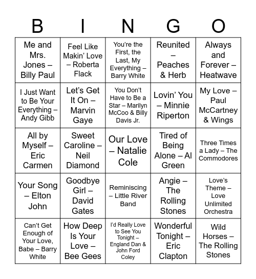 Valentine's Day Music Bingo 1970s Bingo Card