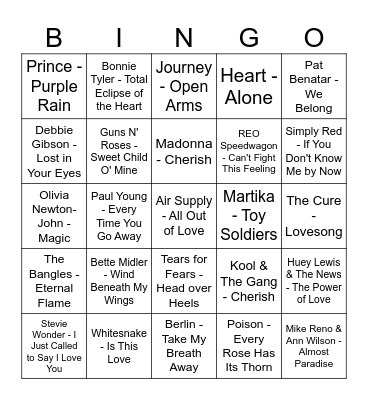 Valentine's Day Music Bingo 1980s Bingo Card