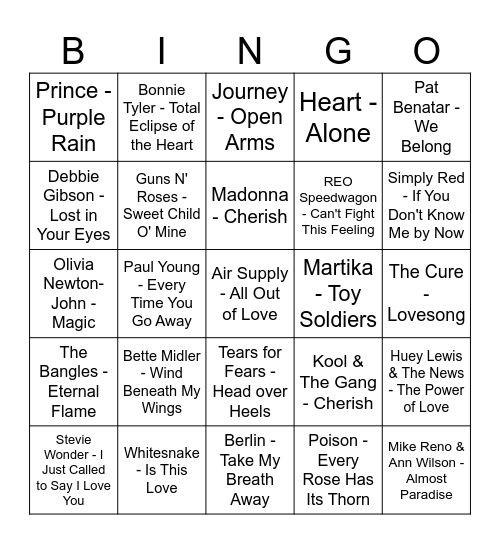 Valentine's Day Music Bingo 1980s Bingo Card