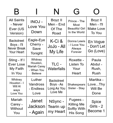 Valentine's Day Music Bingo 1990s Bingo Card