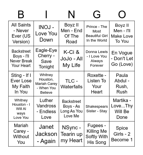 Valentine's Day Music Bingo 1990s Bingo Card