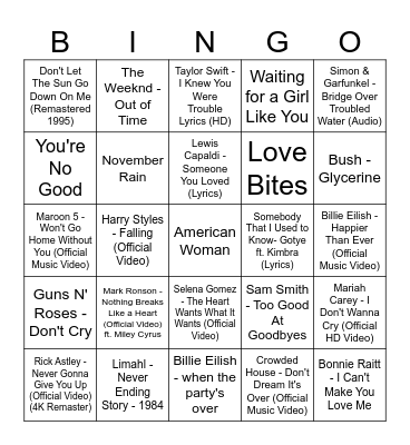 Valentine's Day Music Bingo Breakups Bingo Card