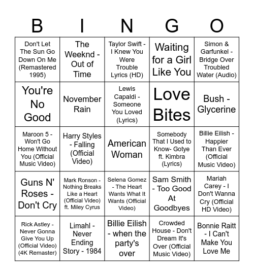 Valentine's Day Music Bingo Breakups Bingo Card