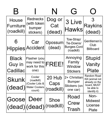 Road Kill  Bingo Card