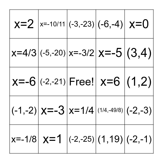 Intro to Quadratics Bingo! Bingo Card