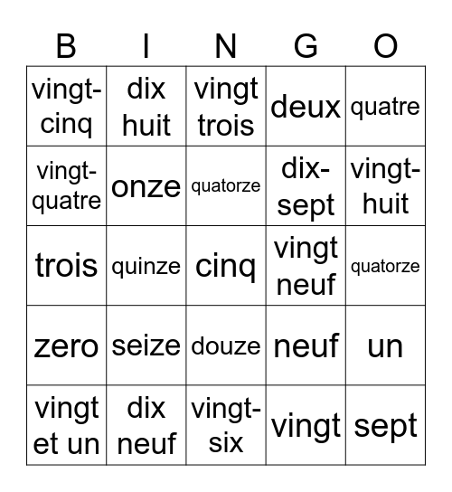 Les Numéros 1-29 Bingo Card