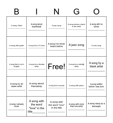 Valentine's Day Music Bingo Card