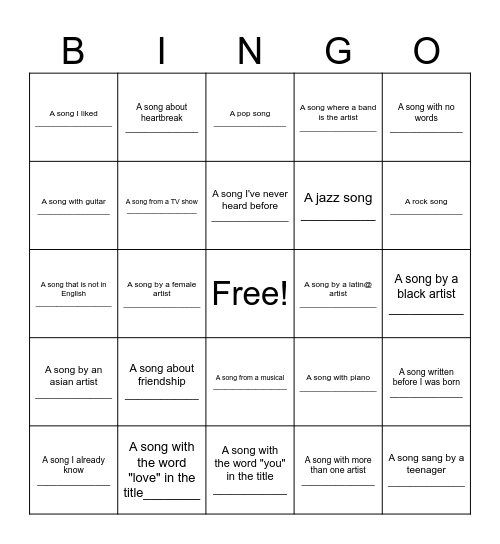 Valentine's Day Music Bingo Card