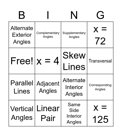Angle Bingo Card