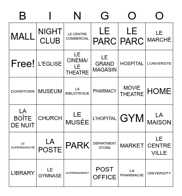 EN VILLE ENDROITS Bingo Card