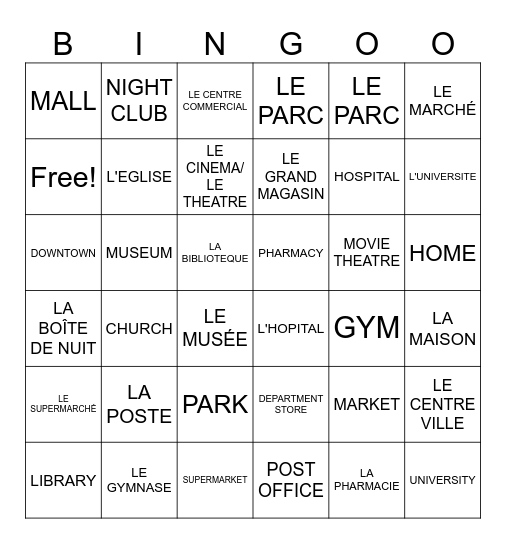 EN VILLE ENDROITS Bingo Card