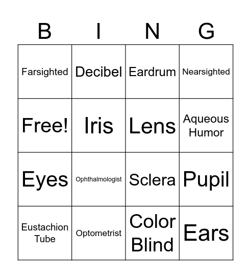 Eyes and Ears Lesson Bingo Card