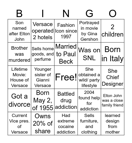 Donatella Versace  Bingo Card