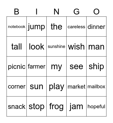 Level 1 Real Words Bingo Card