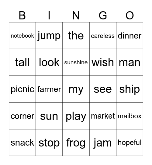 Level 1 Real Words Bingo Card