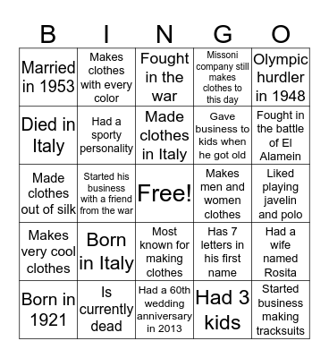 Ottavio Missoni Bingo Card