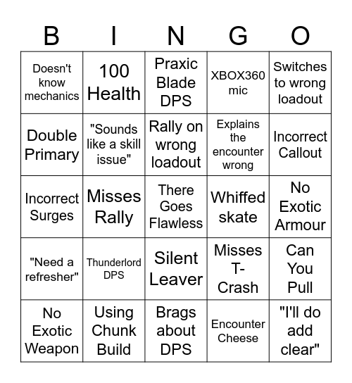 Destiny 2 Raid LFG Card Bingo Card