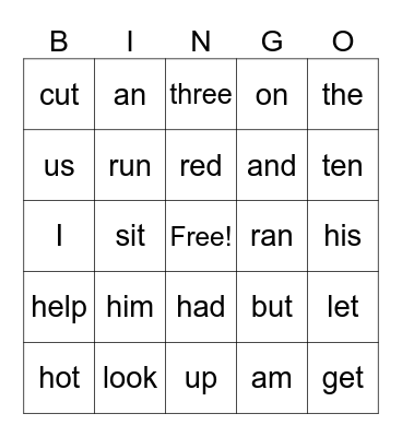 Sight Words Bingo Card