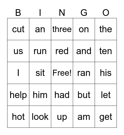 Sight Words Bingo Card