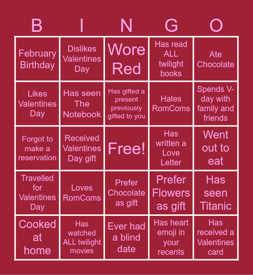 Post-Valentines Day Bingo Card