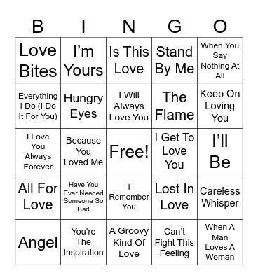 Music Bingo Love Songs Bingo Card
