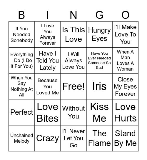 Music Bingo Love Songs Bingo Card
