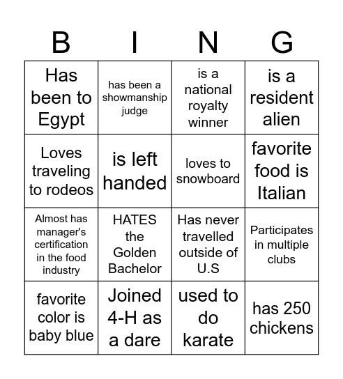 4-H Ambassadors Bingo Card