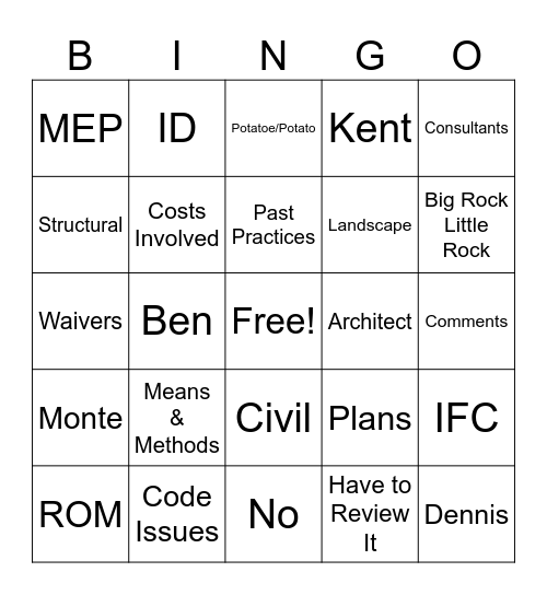 Predevelopment BINGO Card