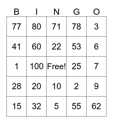 Number Bingo  Bingo Card