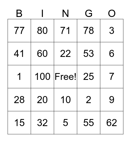 Number Bingo  Bingo Card