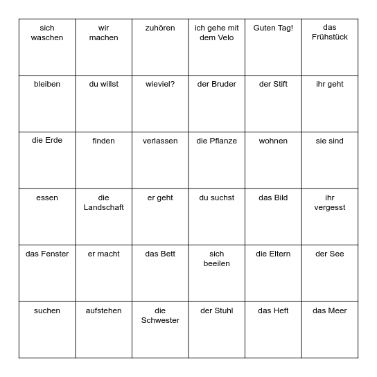 Übersetze auf Französisch! Bingo Card