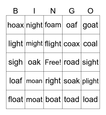 Vowel teams oa and igh Bingo Card