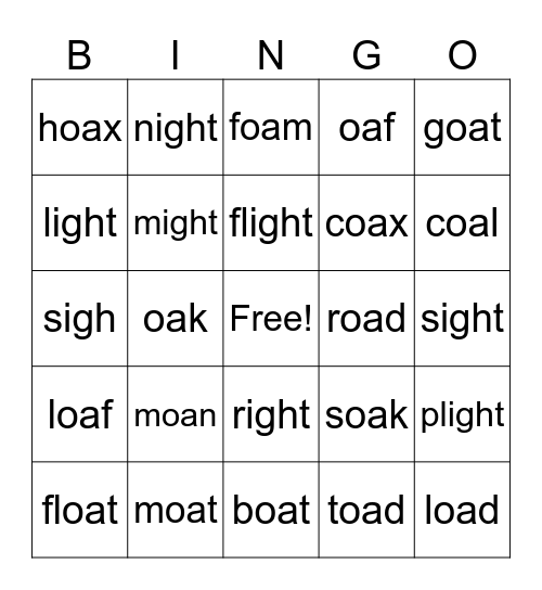 Vowel teams oa and igh Bingo Card