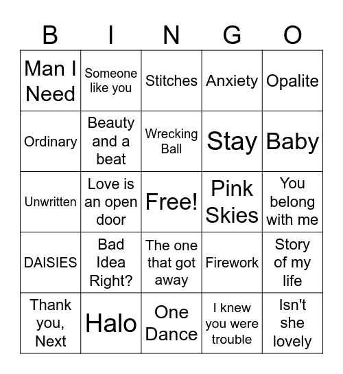 LOVE SONG BINGO Card