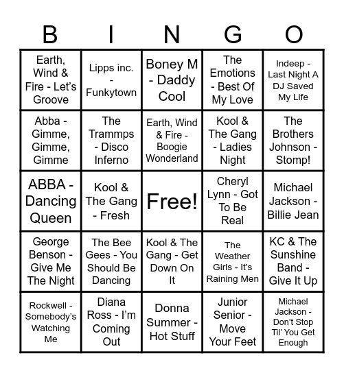 Round 1 - Disco Classics Bingo Card