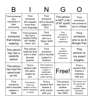 9th Grade Bingo Card