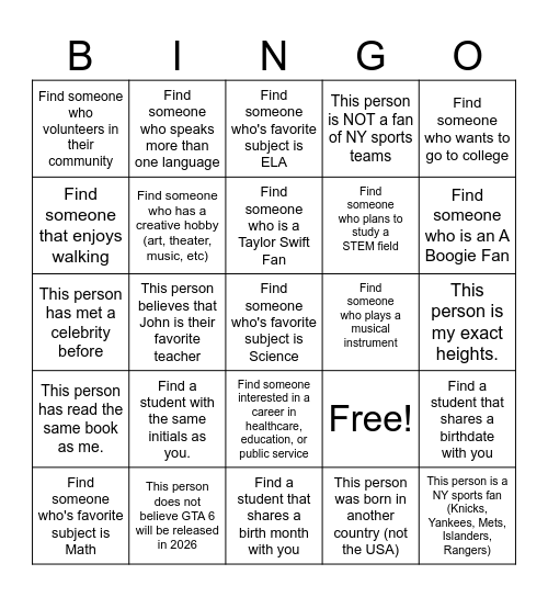 9th Grade Bingo Card