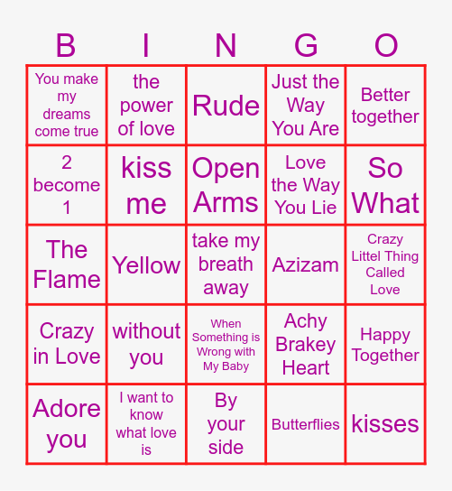 Valentine’s Day Music Bingo Card