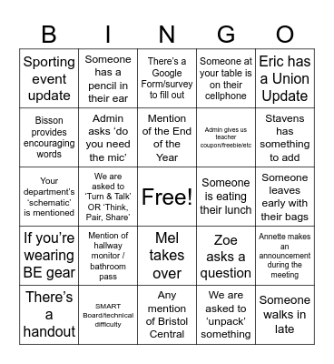Staff Meeting Bingo Card
