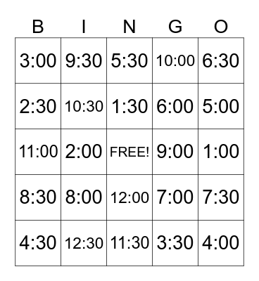 Time- Half Past & O'clock Bingo Card