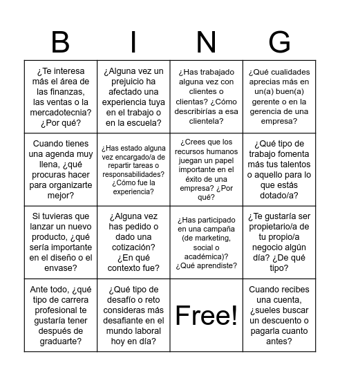 Conversemos: Experiencias, metas y trabajo Bingo Card
