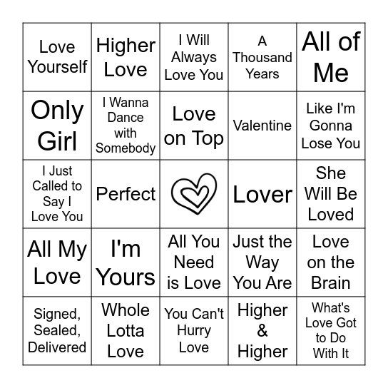Valentine's Music Bingo Card